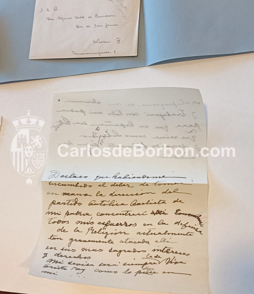 Un borrador, de puño y letra de Don Alfonso Carlos, referido a su responsabilidad al frente del carlismo tras la muerte de su sobrino Don Jaime.
