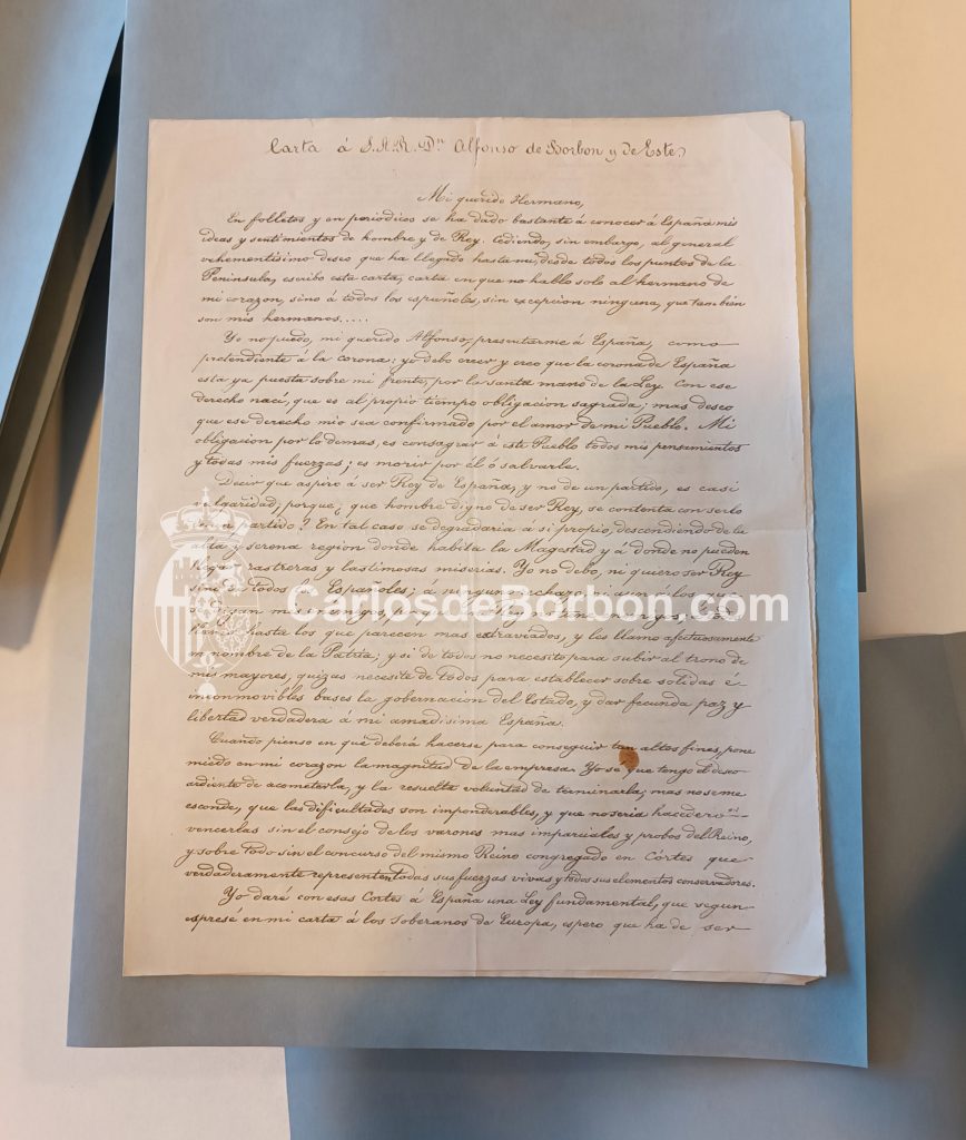 Texto manuscrito de la carta-manifiesto que Don Carlos VII envió a su hermano Don Alfonso Carlos en 1869.