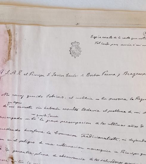 Copia, de puño y letra de Don Alfonso Carlos, de la carta que envió a Don Javier de Borbón Parma, en la que le comunica la institución de la Regencia en su persona cuando le sobreviniese la muerte